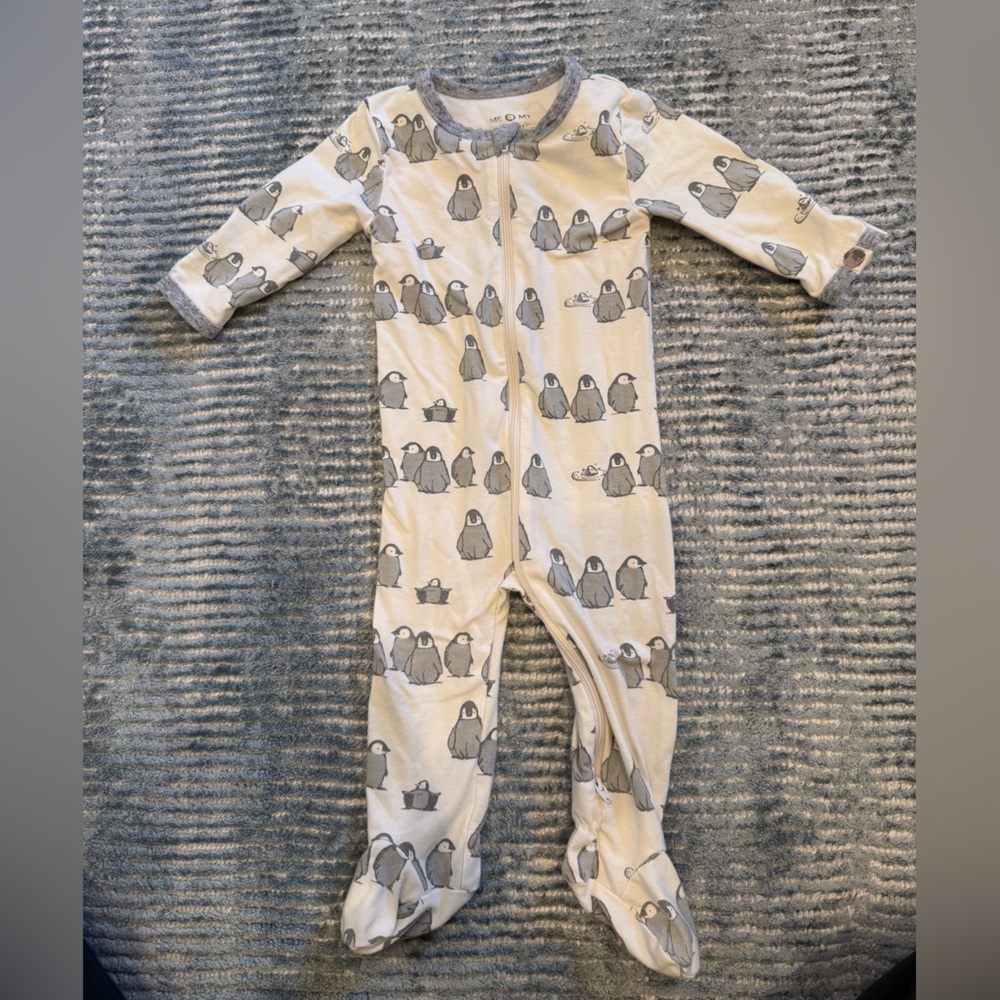 Cream and Gray Baby Penguin Print Pajama Footie